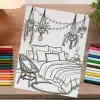 Cozy Bedroom String Lights Coloring Page - Free Printable Aesthetic Adult Coloring Sheet With Bed, Plants, And Lights