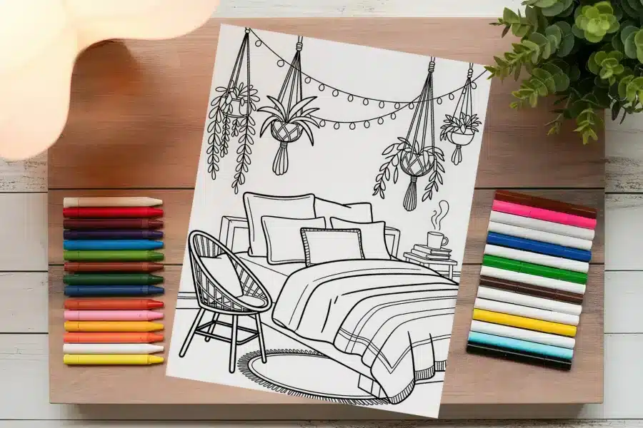 Cozy Bedroom String Lights Coloring Page - free printable aesthetic adult coloring sheet with bed, plants, and lights