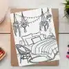 A Coloring Page Depicting A Bedroom Scene With A Bed, Chair, And Hanging Plants.