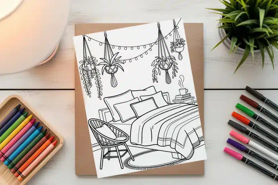A Coloring Page Depicting A Bedroom Scene With A Bed, Chair, And Hanging Plants.