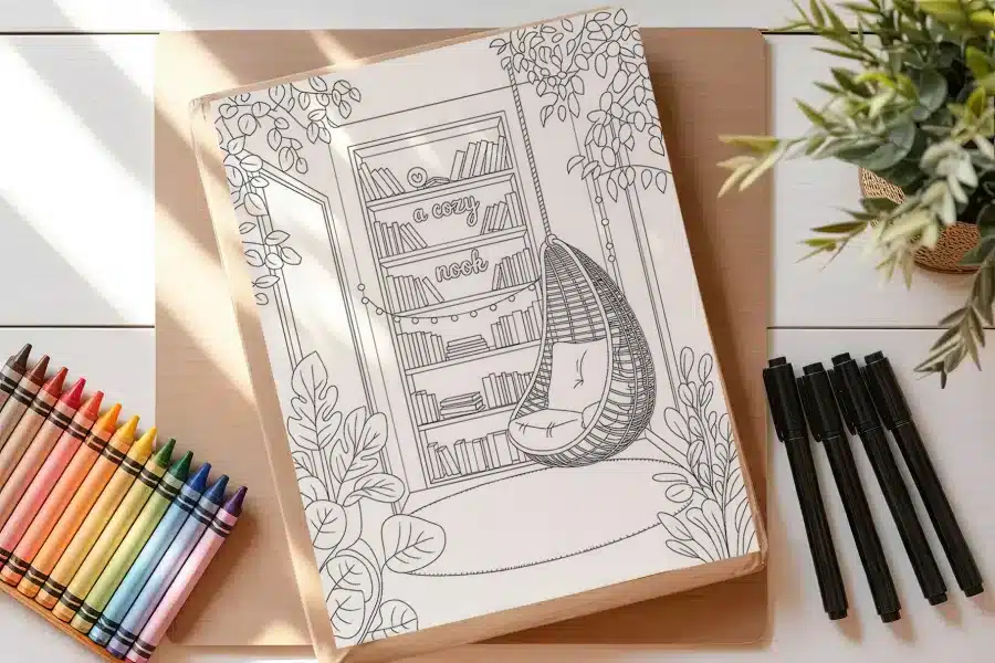 A Coloring Page Depicting A Cozy Reading Nook With A Hanging Chair And Bookshelf.