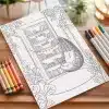 A Coloring Page Depicting A Cozy Nook With A Hanging Chair And Bookshelf.