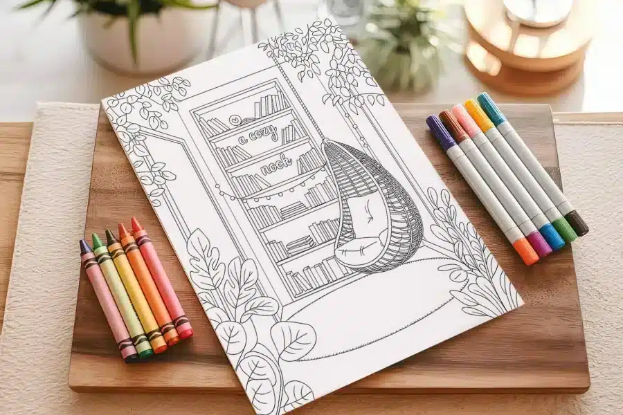 A Coloring Page Depicting A Cozy Nook With A Hanging Chair And Bookshelf.