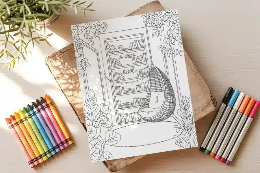 Adult Coloring Page Featuring A Cozy Nook With A Hanging Chair And Bookshelf.