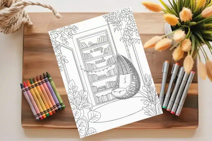 Adult Coloring Page Depicting A Cozy Reading Nook With A Hanging Chair And Bookshelf.