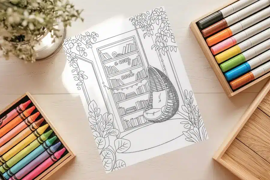 Adult Coloring Page Depicting A Cozy Reading Nook With A Hanging Chair And Bookshelf.