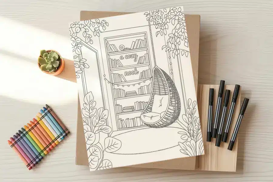 Line art coloring page depicting a cozy reading nook with a hanging chair and bookshelf.