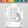 Line Drawing Of A Cozy Reading Nook With A Hanging Chair And Bookshelf.