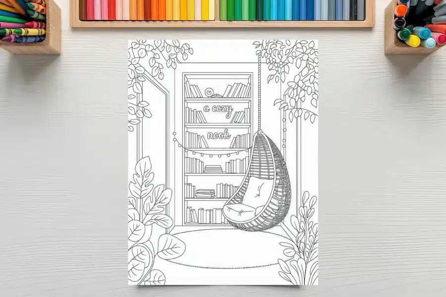 Line Drawing Of A Cozy Reading Nook With A Hanging Chair And Bookshelf.