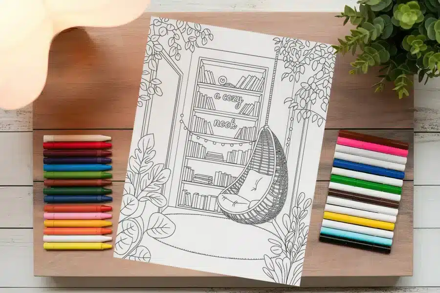 Cozy Book Nook Coloring Page - free printable aesthetic adult coloring sheet with hanging chair and bookshelves