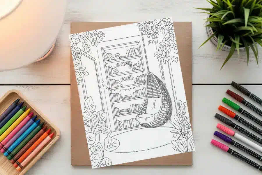 Coloring Page Depicting A Cozy Nook With A Hanging Chair And Bookshelves.