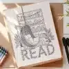 Coloring Page Depicting A Hanging Chair In Front Of A Bookshelf, Surrounded By Plants, With The Word Read Below.