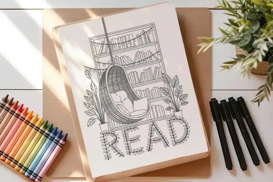 Coloring Page Depicting A Hanging Chair In Front Of A Bookshelf, Surrounded By Plants, With The Word Read Below.