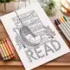 A Coloring Page Depicting A Hanging Chair In A Cozy Reading Nook With A Bookshelf And Plants; The Word Read Is Featured Below.