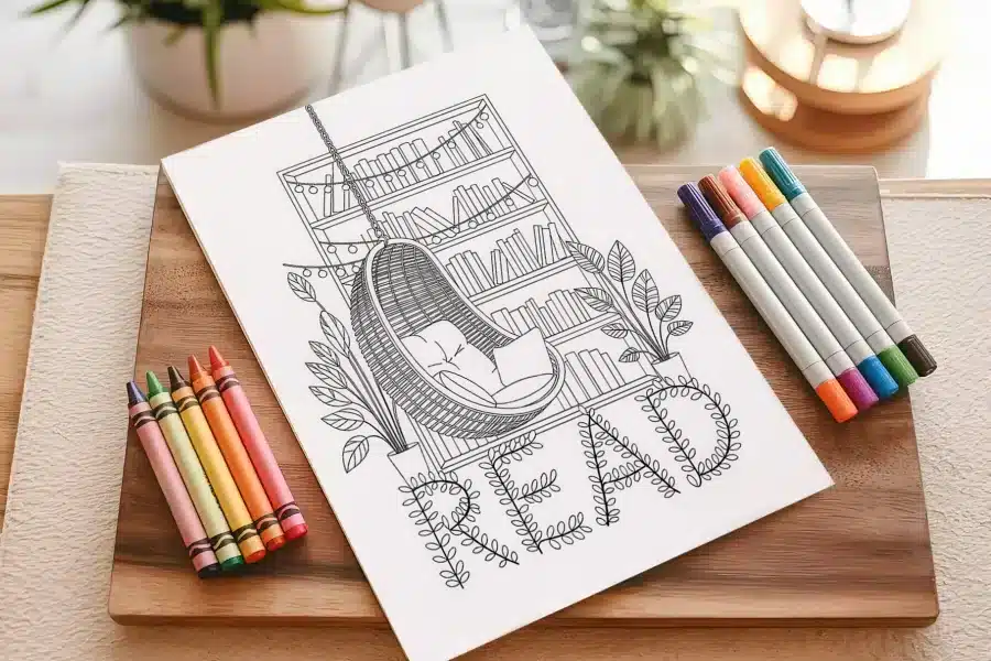 A Coloring Page Depicting A Hanging Chair In A Cozy Reading Nook With A Bookshelf And Plants; The Word Read Is Featured Below.