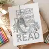 Coloring Page Featuring A Hanging Chair In Front Of A Bookshelf, Surrounded By Plants, With The Word Read Underneath.