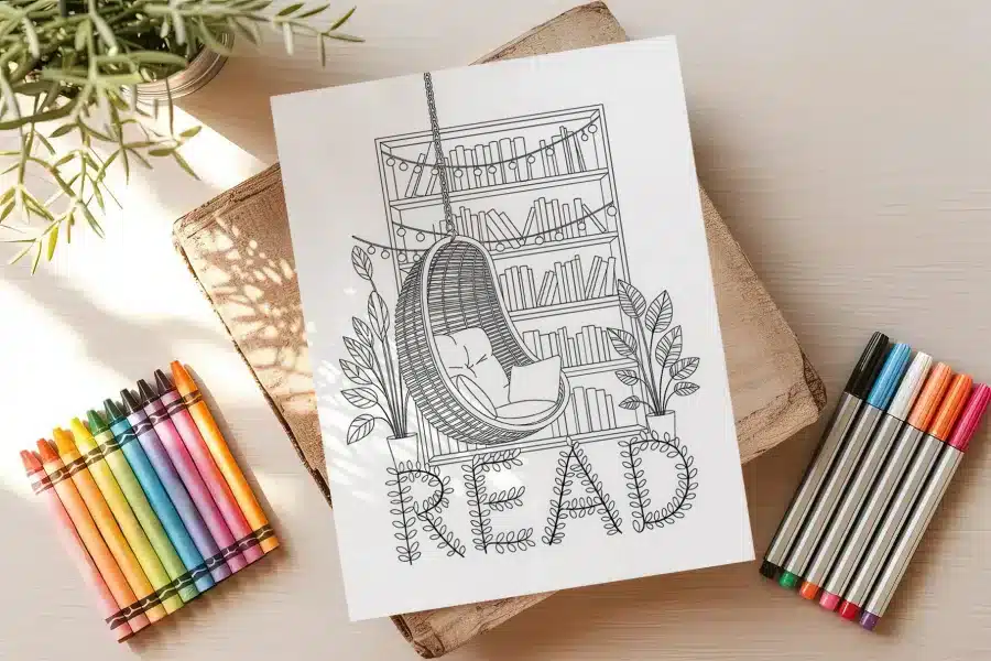 Coloring Page Featuring A Hanging Chair In Front Of A Bookshelf, Surrounded By Plants, With The Word Read Underneath.