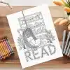 A Coloring Page Depicting A Hanging Chair In Front Of A Bookshelf, Surrounded By Plants, With The Word Read Below.