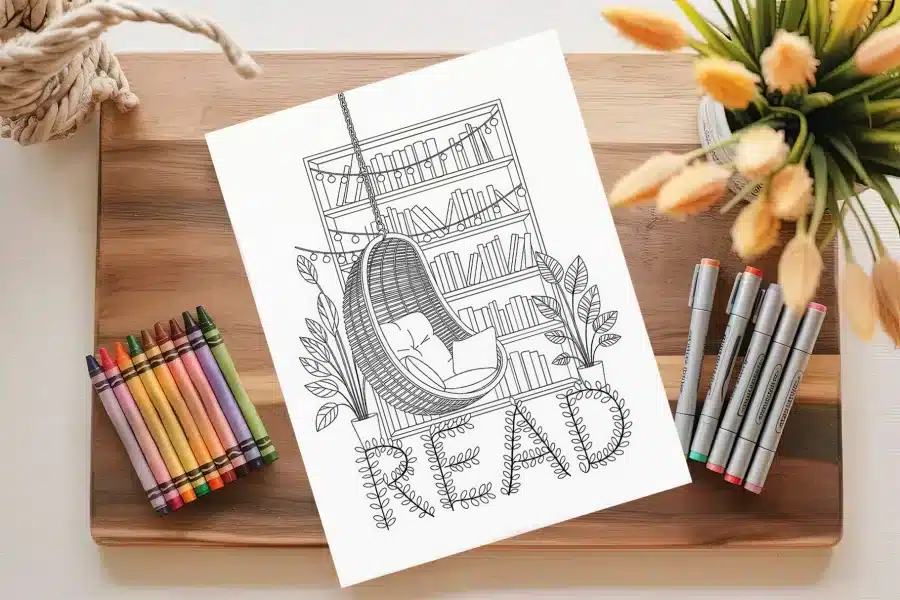 A Coloring Page Depicting A Hanging Chair In Front Of A Bookshelf, Surrounded By Plants, With The Word Read Below.