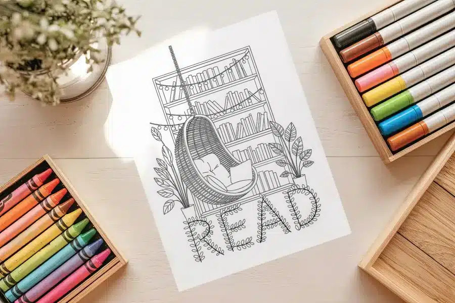 Cozy Reading Nook READ Coloring Page - free printable aesthetic adult coloring sheet with hanging chair, bookshelf, and READ text