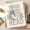 Line Drawing Of A Hanging Chair In Front Of A Bookshelf, With The Word Read Spelled Out In Stylized Lettering Below.