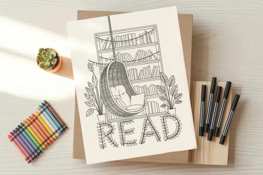 Line drawing of a hanging chair in front of a bookshelf, with the word READ spelled out in stylized lettering below.