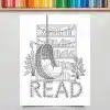 Line Drawing Of A Hanging Chair In Front Of A Bookcase With The Word Read Below.