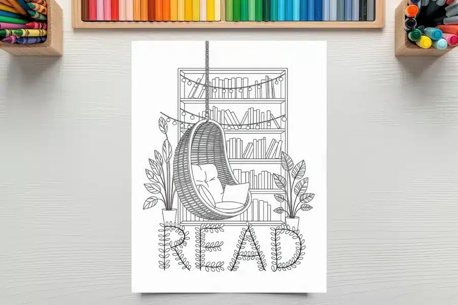 Line Drawing Of A Hanging Chair In Front Of A Bookcase With The Word Read Below.