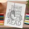 Coloring Page Featuring A Hanging Chair In A Book-Filled Room.