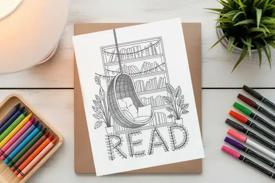 Line Drawing Of A Hanging Chair In Front Of A Bookshelf, With The Word Read Incorporated Into The Design.