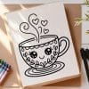 Line Drawing Of A Cute Teacup With A Smiling Face And Hearts Above It.