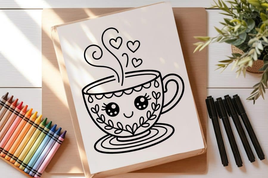Line Drawing Of A Cute Teacup With A Smiling Face And Hearts Above It.