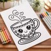 Line Drawing Of A Cute Teacup With A Smiling Face And Hearts Above It.