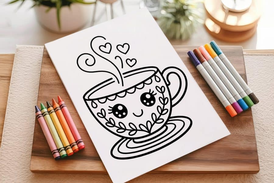 Line Drawing Of A Cute Teacup With A Smiling Face And Hearts Above It.