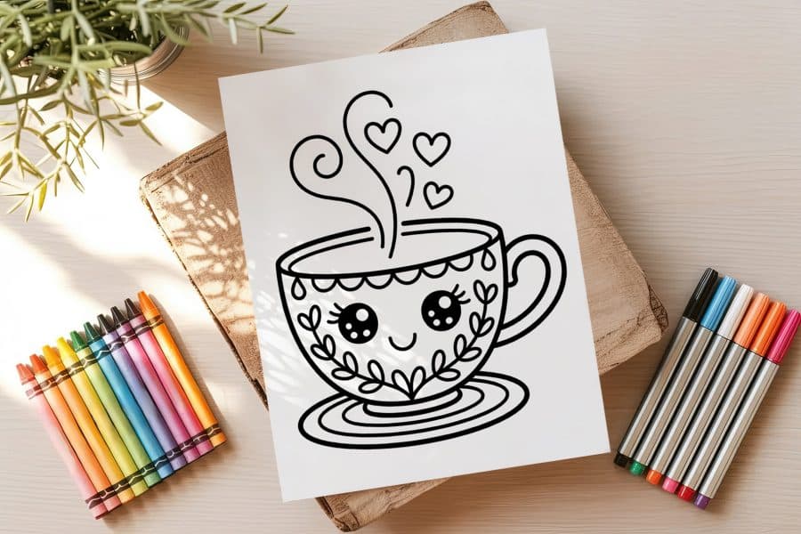 Line Drawing Of A Cute Cartoon Teacup With A Smiling Face And Hearts.
