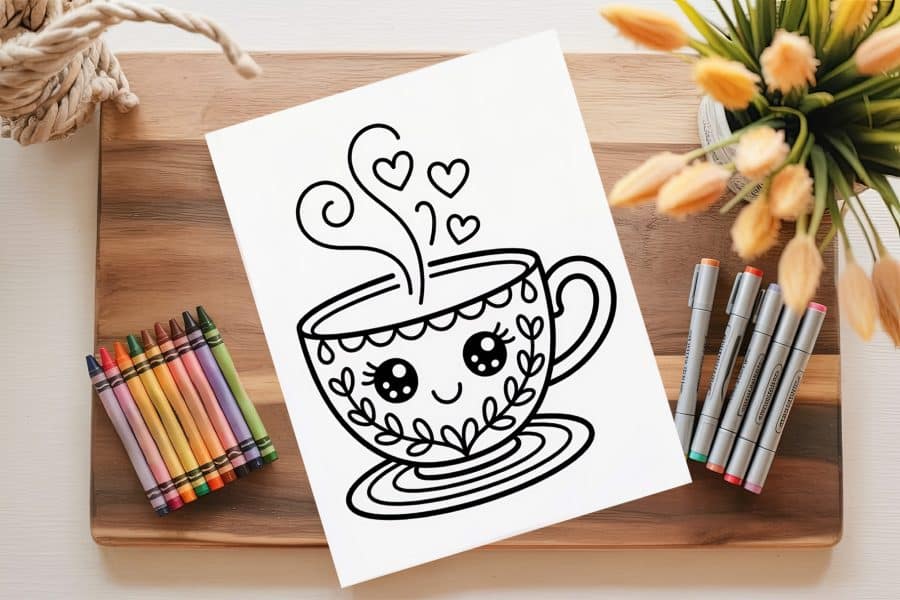 Cute Cartoon Teacup Coloring Page.