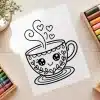 Cozy Smiling Teacup Coloring Page - Free Printable Aesthetic Coloring Sheet Of A Teacup With A Face And Hearts
