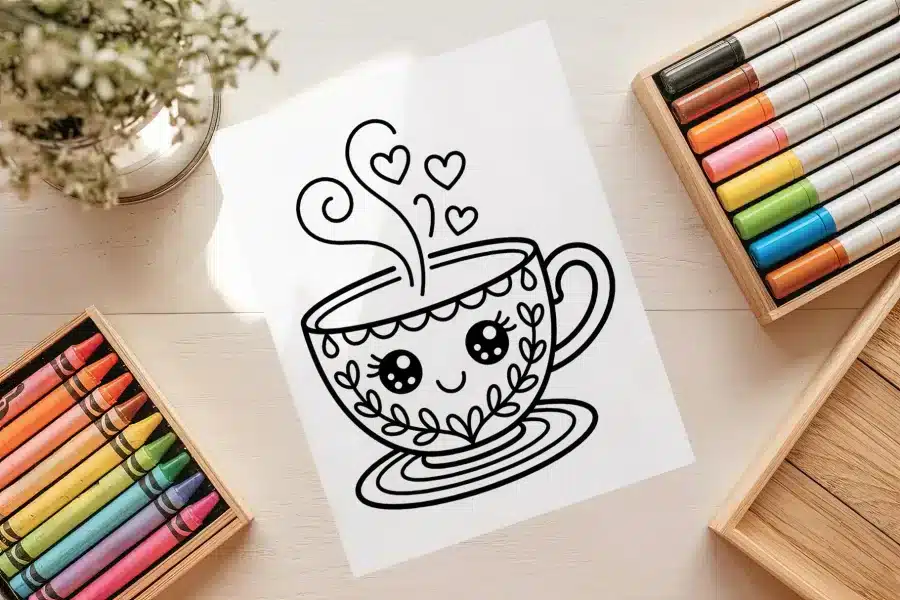 Cozy Smiling Teacup Coloring Page - free printable aesthetic coloring sheet of a teacup with a face and hearts