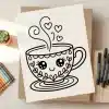 A Kawaii Style Line Drawing Of A Teacup With A Smiling Face And Steam Rising From It.