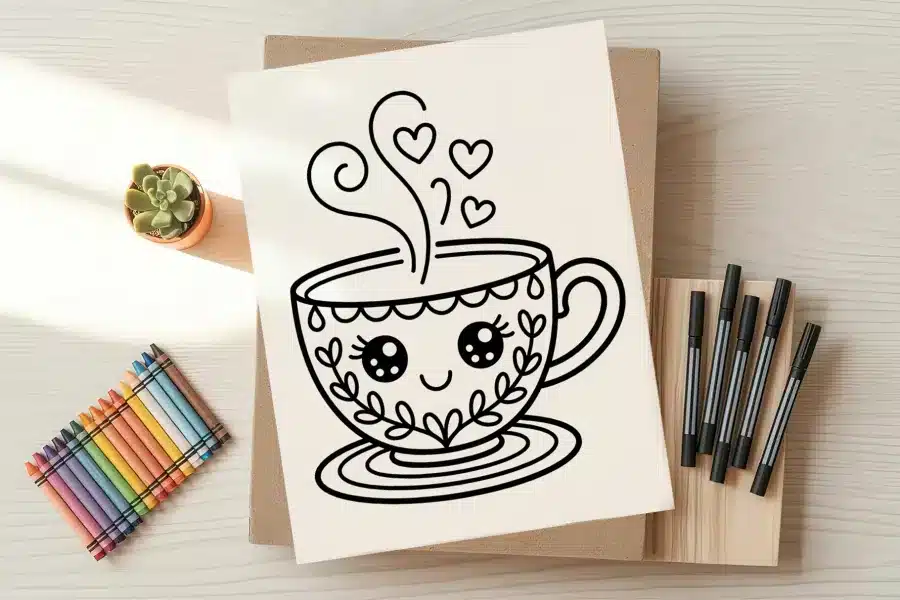 A kawaii style line drawing of a teacup with a smiling face and steam rising from it.