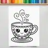 Line Drawing Of A Cute Teacup With A Smiling Face And Hearts.