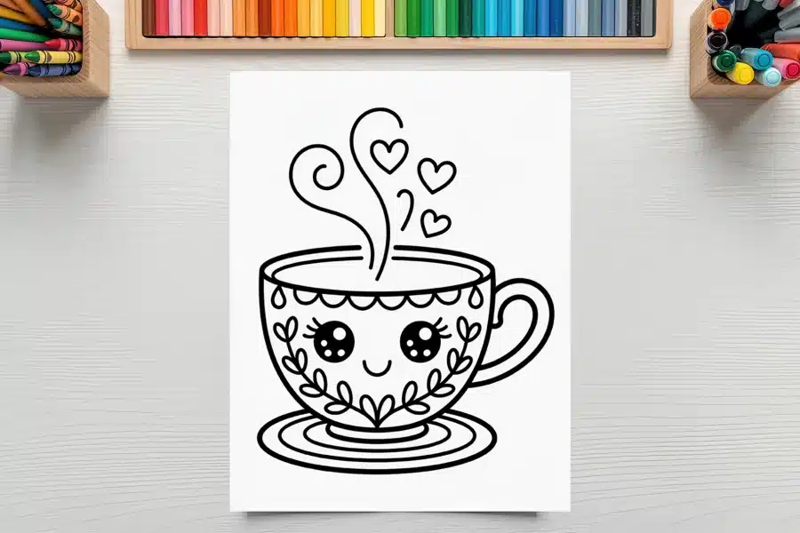 Line Drawing Of A Cute Teacup With A Smiling Face And Hearts.