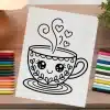 Line Drawing Of A Cute Cartoon Teacup With A Happy Face And Steam.