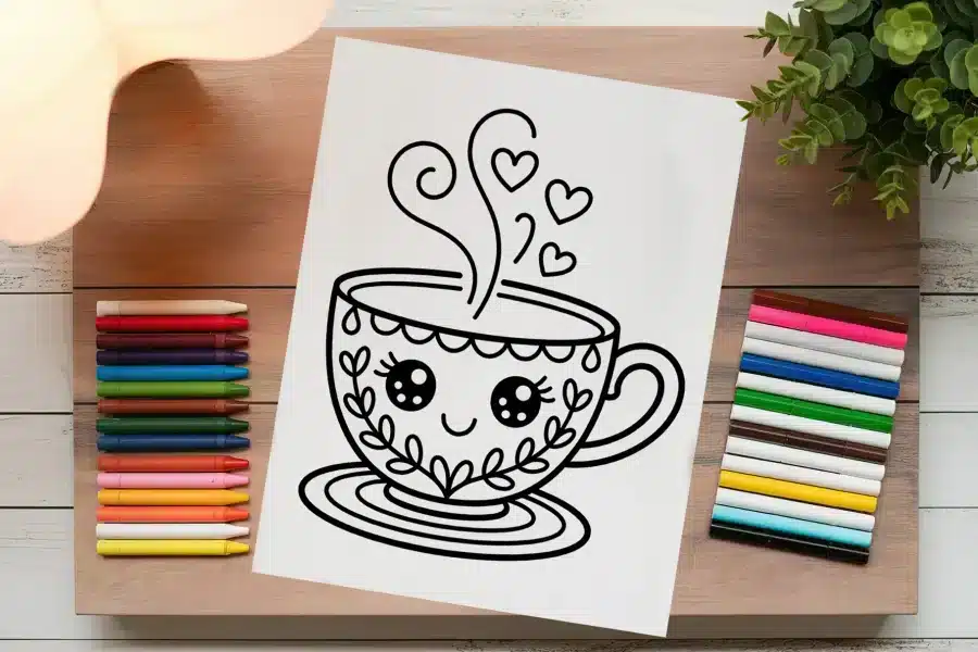 Line Drawing Of A Cute Cartoon Teacup With A Happy Face And Steam.
