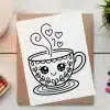 Line Drawing Of A Cute Cartoon Teacup With A Smiling Face And Hearts For Steam.