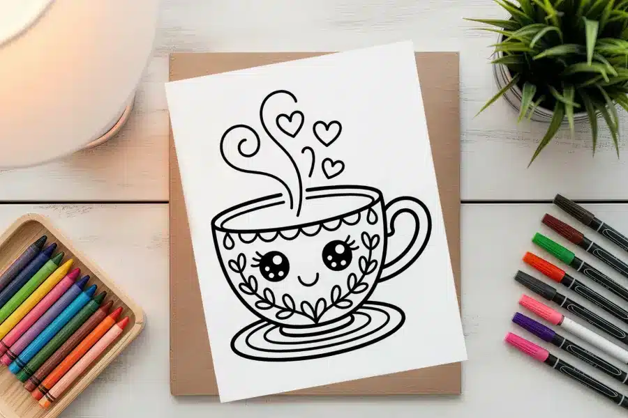 Line Drawing Of A Cute Cartoon Teacup With A Smiling Face And Hearts For Steam.