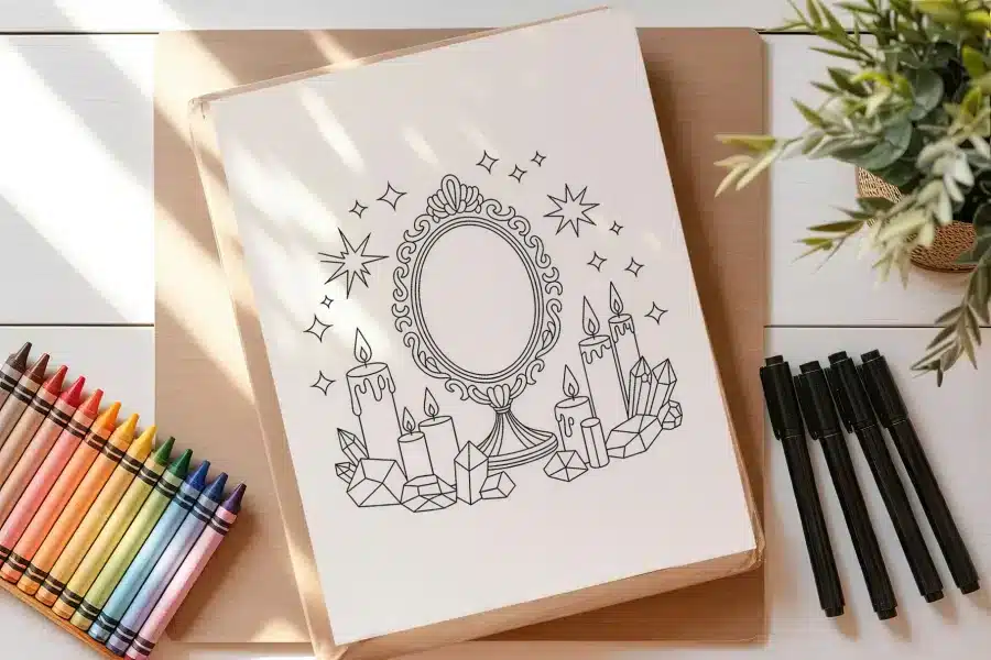 A Coloring Page Depicting An Ornate Mirror Surrounded By Candles And Crystals.