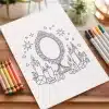 A Coloring Page Depicting An Ornate Mirror Surrounded By Candles And Crystals.