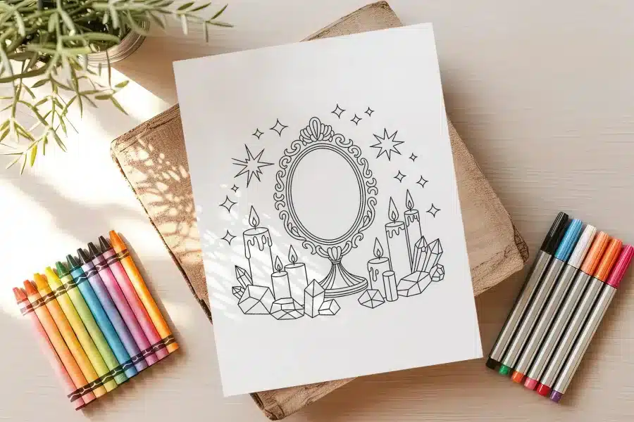Coloring Page Depicting An Ornate Mirror Surrounded By Candles And Crystals.
