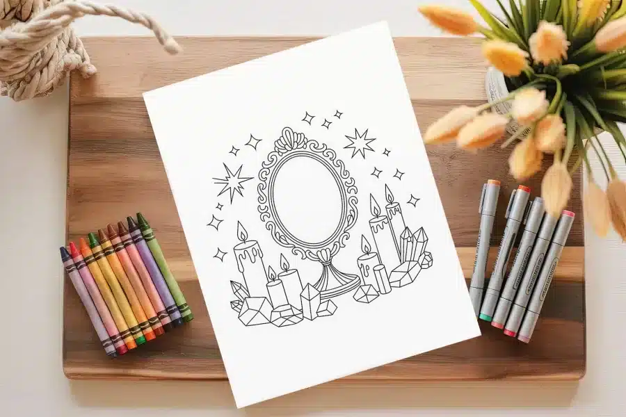 A Coloring Page Featuring An Ornate Mirror Surrounded By Candles And Crystals.
